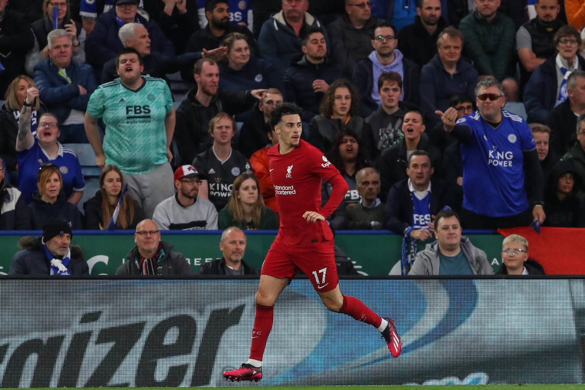Liverpool midfielder Curtis Jones pictured celebrating after scoring against Leicester City in May 2023